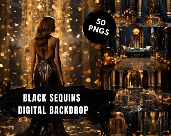 Gold Sequin Photography Backdrop, Black Glitter Blurred Background (Digital Download)