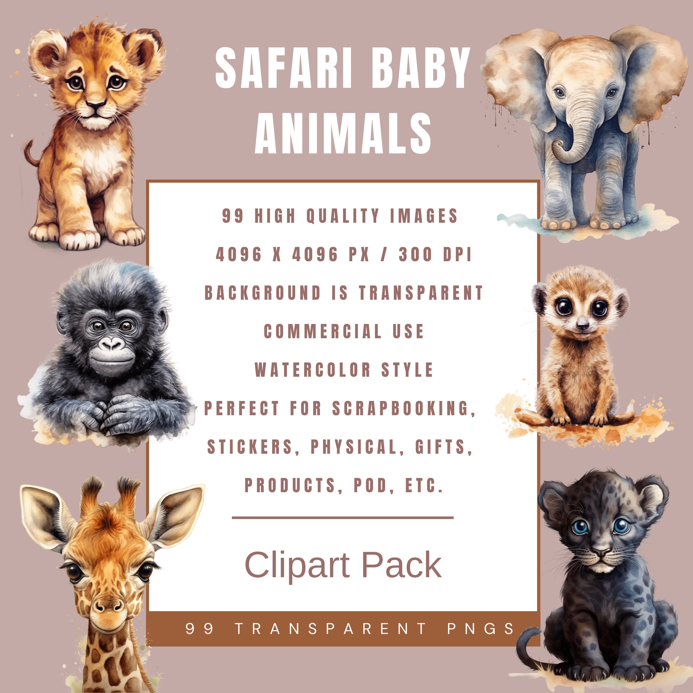 Watercolor Safari Animals Clipart Bundle, Baby Animals for Nursery ...