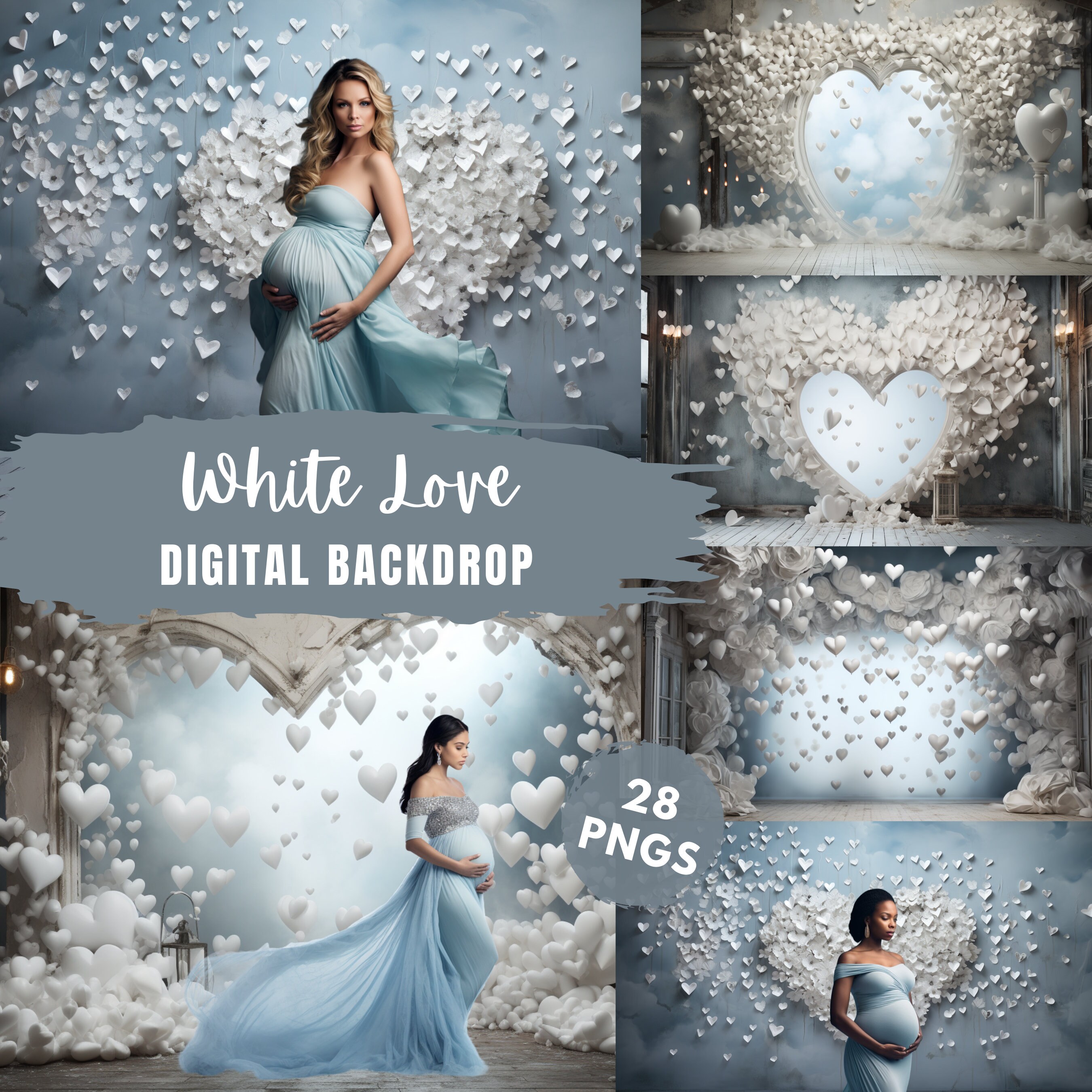 Valentines Day White Love Hearts Digital Background, Flower Heart,Love Background,Maternity Portrait Backdrops,Backdrop for Photo Editing