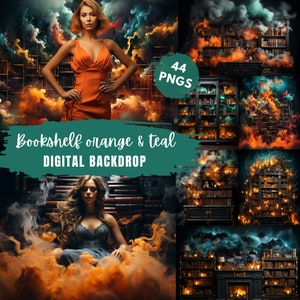 Bookshelf Orange and Teal Backdrop for Photo Editing, Books Library Backdrop,Smoke Overlay Photography,Digital Background,Photoshop Textures