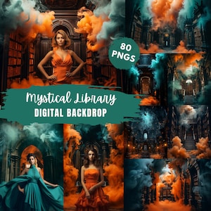 Smoky Library Orange and Teal Backdrop for Photo Editing, Books Library Backdrop, Overlay Photography,Digital Background,Photoshop Textures