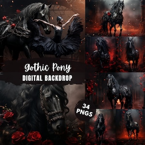 Gothic Horse Pony Red Roses Digital Background, Horse Flower, Love Background Bundle, Portrait Backdrops,Digital Backdrop for Photo Editing