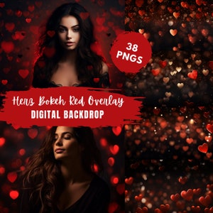 Rotes Herz Bokeh Overlay für Fotobearbeitung, Digitale Kulisse, Bokeh Hintergrund, Photoshop Overlay, Bokeh Overlay, Fotografie, Composing