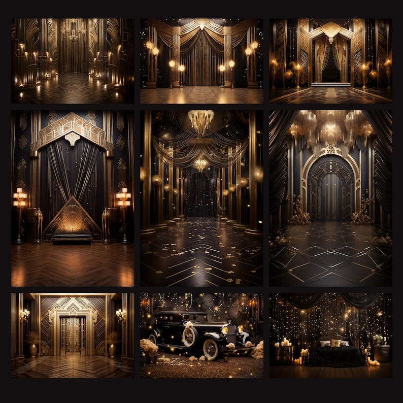 Luxury Gold Gatsby Photography Backdrop, Black and Gold Gatsby Digital