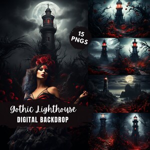 May include: A digital backdrop featuring a gothic lighthouse with a red light, surrounded by dark trees and red roses. The text "Gothic Lighthouse Digital Backdrop" is visible at the bottom of the image.