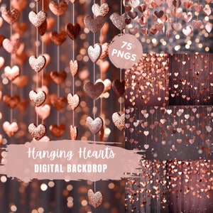 Valentine&#39;s Day Hanging Hearts Rosegold Photography Backdrop, Digital Background, Studio Backdrop for Photo Editing and Photographer