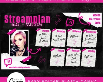 Pink Twitch Stream Schedule, Weekly Planner Canva Template (Digital Download)