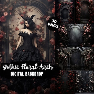 May include: A digital backdrop featuring a gothic floral archway with dark red roses and vines. The archway is framed by a dark, ornate doorway. The text "Gothic Floral Arch Digital Backdrop" is visible at the bottom of the image.