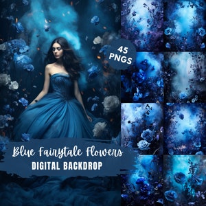 May include: A digital backdrop featuring a blue fairytale flower scene with 45 PNG files. The backdrop features a variety of blue flowers, leaves, and smoke. The text "Blue Fairytale Flowers DIGITAL BACKDROP" is visible at the bottom of the image.