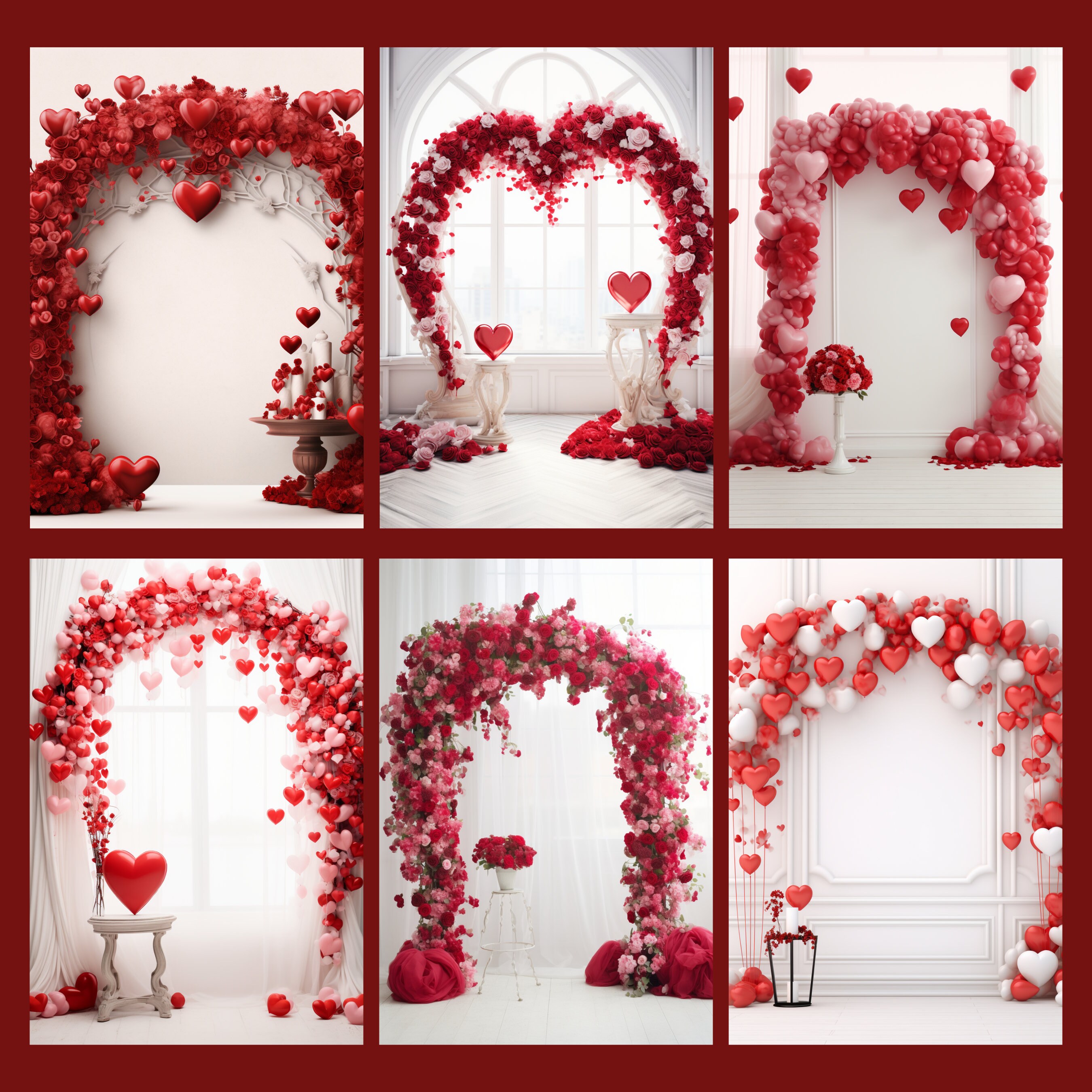 Valentines Day Red Arck Digital Background, Red Arch Roses and Hearts ...