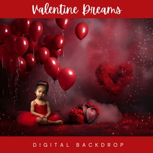 Red Heart Balloons Valentine&#39;s Day Digital Backdrop,Children,Kids,Toddler,Backdrop Photo Editing,Heart Balloons,Photography, Background