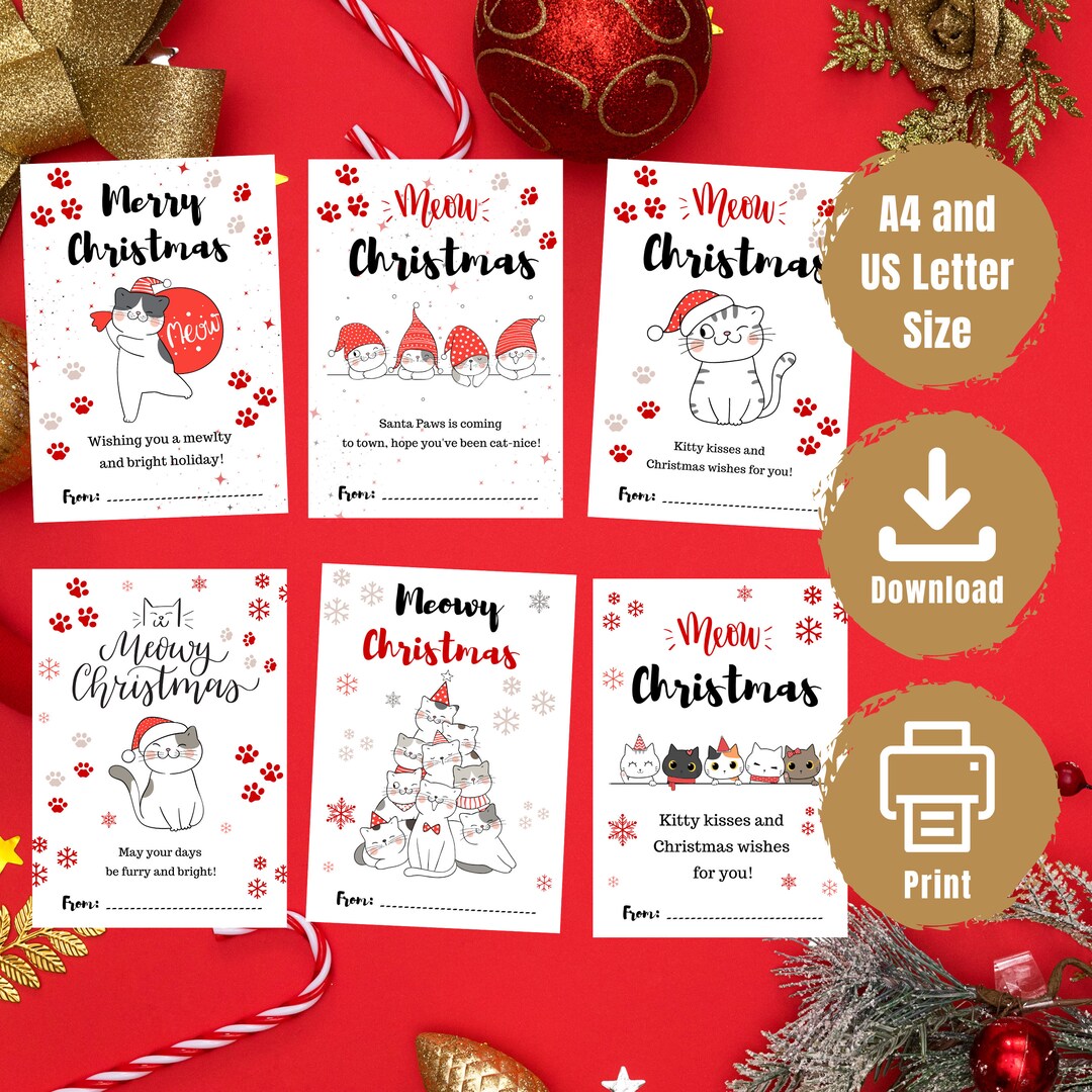 Christmas Card Bundle Cat, Printable, Digital Cat Christmas Card ...