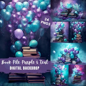 Book Pile Purple and Teal Backdrop for Photo Editing, Books Library Backdrop,Smoke Overlay Photography,Digital Background,Photoshop Textures