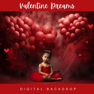 Red Balloons Valentine&#39;s Day Digital Backdrop, Children, Kids, Toddler, Love Backdrop Photo Editing,Heart Balloons,Photography, Background