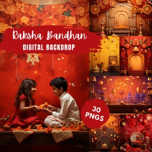 Puede incluir: Un telón de fondo digital con un fondo rojo y un diseño indio festivo. Dos niños están sentados en una plataforma frente al telón de fondo, intercambiando regalos. El telón de fondo incluye una variedad de elementos decorativos, como flores, linternas y guirnaldas. El texto "Raksha Bandhan DIGITAL BACKDROP" se muestra en el telón de fondo. También se ve un círculo rojo con el texto "30 PNGS".