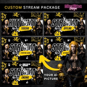 Animated Stream Overlay Screen Set, Twitch Screens Pack, Custom Image & Name, Twitch Overlay Animated, Pirate Skull and Bones Style