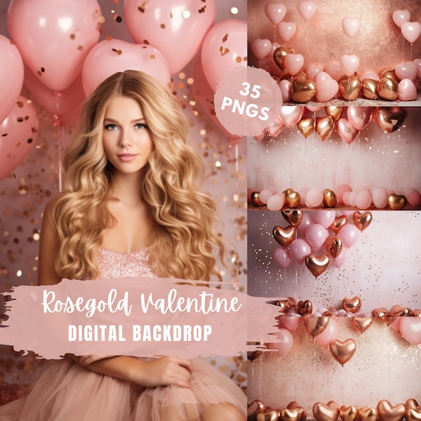 Valentine's Day Heart Balloons Rosegold Photography Backdrop, Digital Background, Studio Backdrop for Photo Editing and Photographer