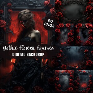 May include: A digital backdrop featuring 90 gothic flower frames with red roses and black ornate frames. The frames are set against a dark background with red flames and smoke.