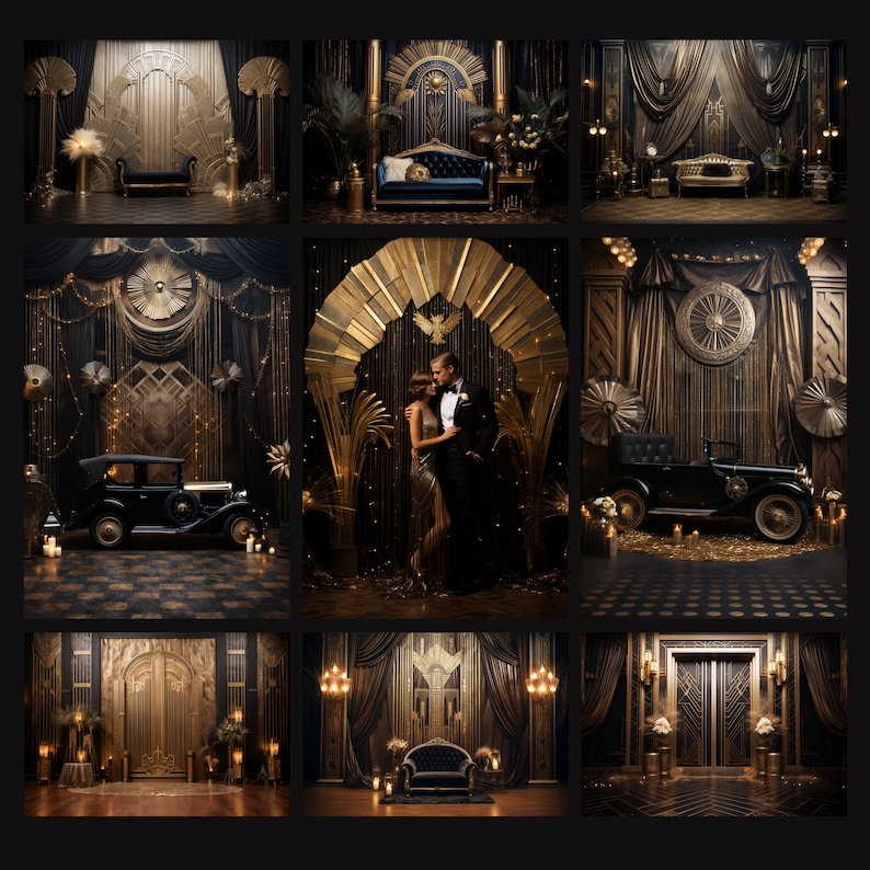 Luxury Gold Gatsby Photography Backdrop, Black and Gold Gatsby Digital