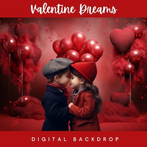 Red Heart Balloons Valentine&#39;s Day Digital Backdrop,Children,Kids,Toddler,Backdrop Photo Editing,Heart Balloons,Photography, Background