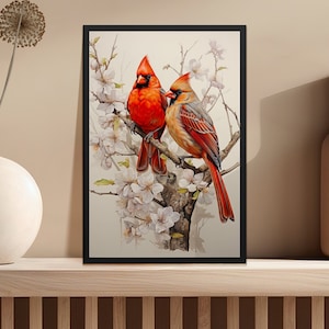 Beautiful Northern Cardinals Life-Like Female & Male 12 x18 300DPI Poster Print Colorful Sketch | Backyard Birds Wall Art | Digital Download