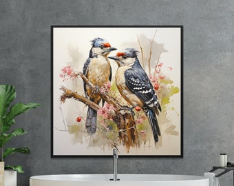 Beautiful Downy Woodpeckers Life-Like Female & Male 12 x 12 300DPI Art Print Colorful Sketch | Backyard Birds Wall Art | Digital Download