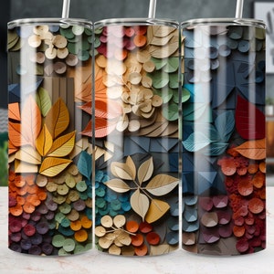 3D Flowers and Leaves Tumbler Wrap PNG | Colorful 20oz Skinny Tumbler Seamless Sublimation Design | Straight/Tapered PNG