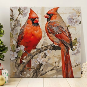 Beautiful Northern Cardinals Life-Like Female & Male 12 x 12 300DPI Art Print Colorful Sketch | Backyard Birds Wall Art | Digital Download