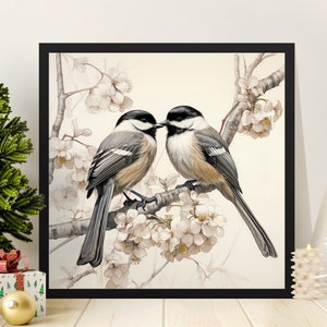 Beautiful Black-Capped Chickadees Life-Like Female & Male 12x12 300DPI Art Print Sketch | Backyard Birds Wall Art | Digital Download