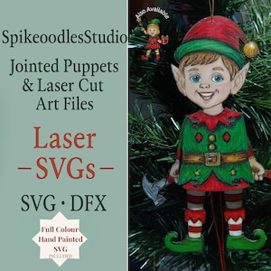 May include: A hand-painted wooden Christmas ornament of an elf in a red hat and green outfit. The elf has a smiling face, pointed ears, and holds a small hammer. The ornament is hanging in front of a Christmas tree.
