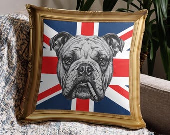 Funda de cojín con diseño de bulldog inglés, 45 x 45 cm, funda de almohada británica vintage con la bandera británica, decoración divertida para el hogar.