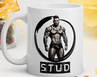 Tom of Finland Style Stud Mug For Gay Man Leather Pride Coffee Cup LGBT Gift For Him Daddy Muscle Man White Mug LGBT Gift Ideas