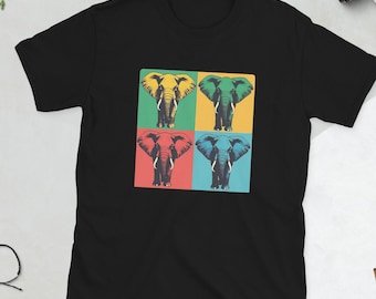Camiseta de elefante de arte pop, camiseta de elefantes de arte moderno, camiseta de animales de la selva, camiseta de elefante retro colorida, regalo para amantes de los elefantes