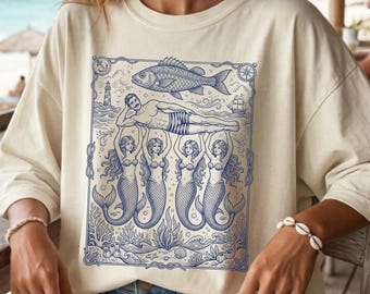 Vintage Mermaid T-shirt Nautical Folk Art Shirt Comfort Colours Ocean Graphic Tshirt Coastal Style Muscle Man Tattoo Style Tee