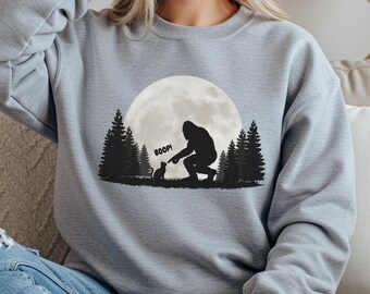 Bigfoot Boop Cat Sweatshirt | Funny Sasquatch Sweater | Cute Cryptid Cat Jumper | Moonlight Forest Top | Bigfoot Lover Gift