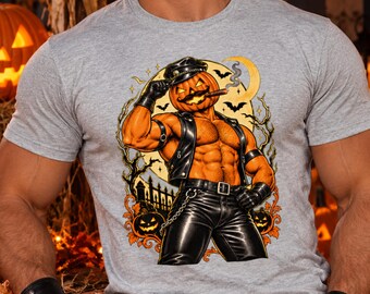 Gay Leather Pumpkin Shirt | Tom of Finland Style Halloween T-shirt | Jack O Lantern Biker Tee | Kinky Halloween Top | Gay Pride Gift