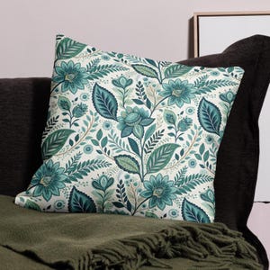 Folk Art Cushion Cover Blue Green Floral Pillow Case Botanical Boho Scatter Cushion Nature Home Decoration