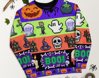 Suéter feio de Halloween, moletom gamer pixelado assustador, suéter engraçado com estampa completa de Halloween, camisa gamer de outono, suéter gamer de Halloween