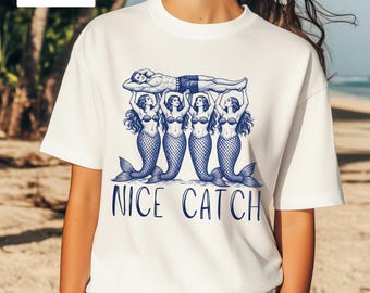 Vintage Mermaid T-shirt Nautical Folk Art Shirt Ocean Graphic Tshirt Coastal Style Muscle Man Tattoo Style Tee
