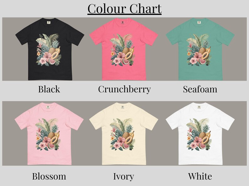May include: A color chart of six t-shirts in various colors: black, crunchberry, seafoam, blossom, ivory, and white. Each shirt features a tropical floral and fruit design. The text "Colour Chart" is at the top, and color names are below each shirt.
