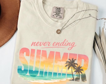 Never Ending Summer T-shirt Retro Beach Shirt Comfort Colours Vintage Sunset Palm Graphic Tee Beach Coverup Top