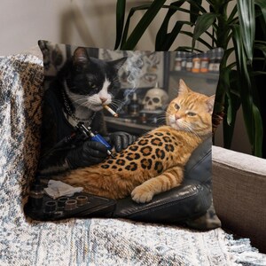 Funny Cat Cushion Cover 18x18 Inch Tattoo Parlour Cats Pillow Case Leopard Print Decor