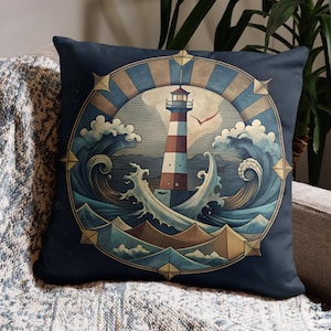 Lighthouse Cushion Cover Seaside Pillow Case Beach Hut Scatter Cushion Nautical Home Decor Coastal Theme Furnishings 18X18 Inch (45X45 cm)