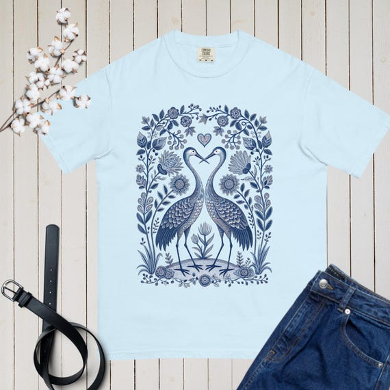 Crane Shirt Comfort Colours T-shirt Monochrome Blue Bird Lover