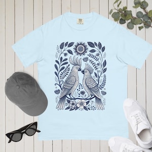 Cockatoo Shirt Comfort Colours T-shirt Monochrome Blue Bird Lover Tshirt Hippy Clothes Antique Folk Art Avian Aviary Gift Block Print Tee