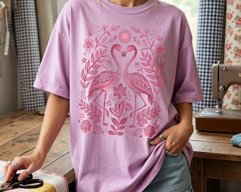 Flamingo Folk Art T-Shirt Comfort Colours Pink Bird Tee