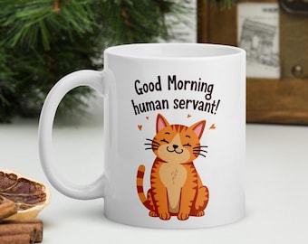 Funny Ginger Cat Mug Good Morning Human Servant Coffee Cup Cat Gifts For Pet Owner Cat Dad Mugs Cat Mom Mug