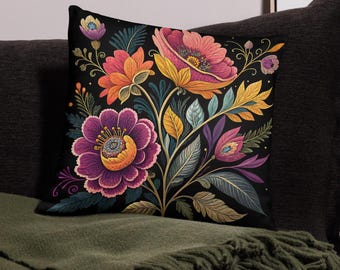 Black Boho Floral Cushion Cover Vibrant Botanical Pillow Case Elegant Vintage Flowers Scatter Cushion Retro Home Decor