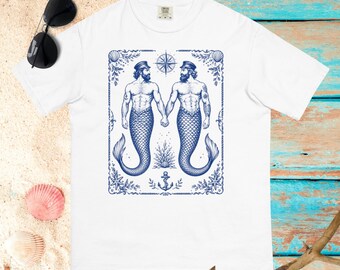 Gay Mermen T-shirt Vintage Nautical Shirt Comfort Colours Queer Sailor Graphic Tshirt LGBT Beach Tee