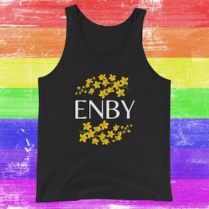 May include: Black tank top with a white floral design and the word "ENBY" in white letters.